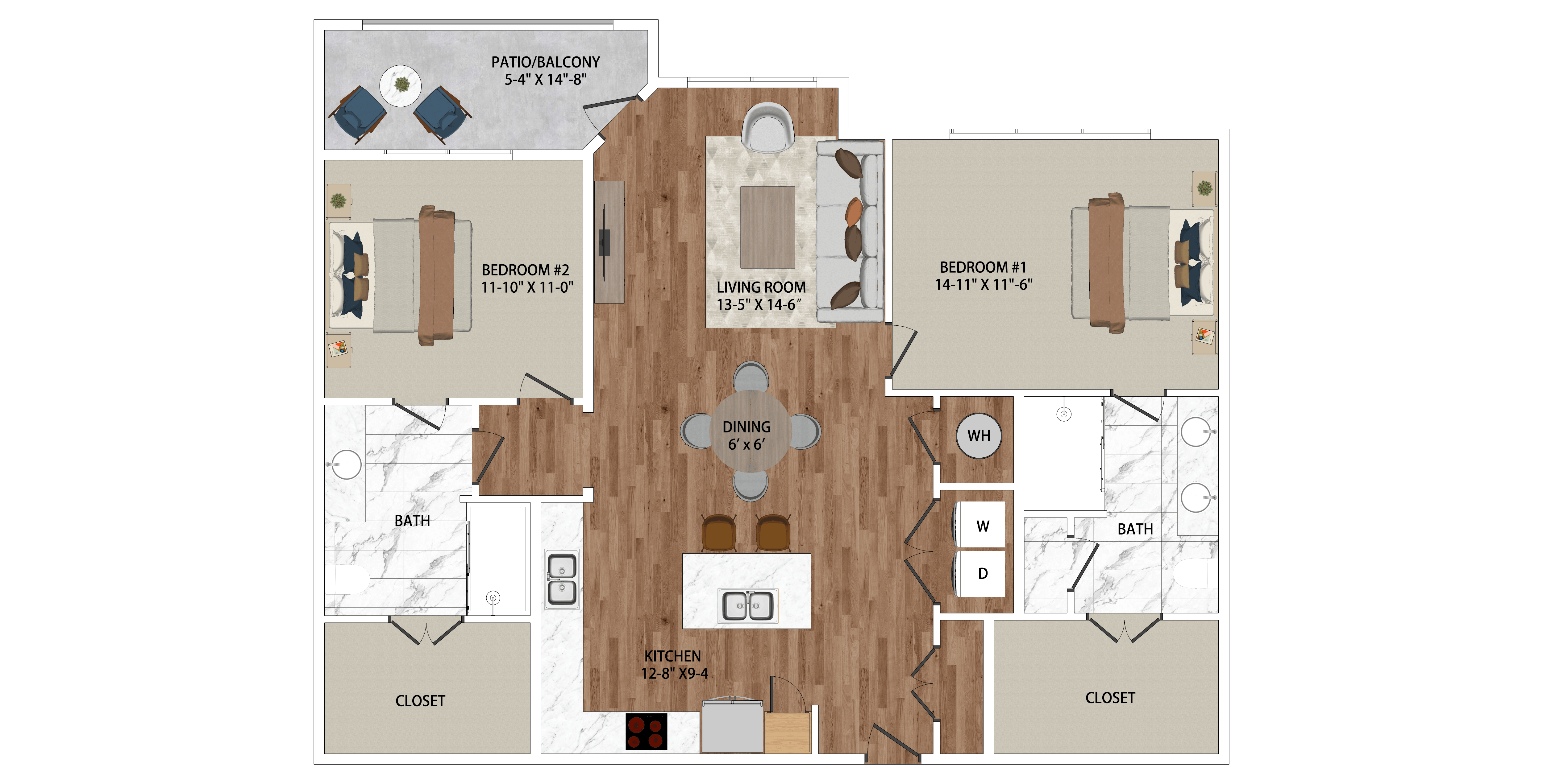 Floor plan for 2 beds, 2 baths, 1252 sqft